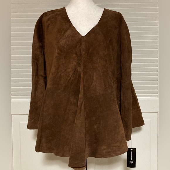 NWT Inc Concepts Vintage Brown Suede Leather Triangle Shawl/Cape Size L-XL - Picture 2 of 9